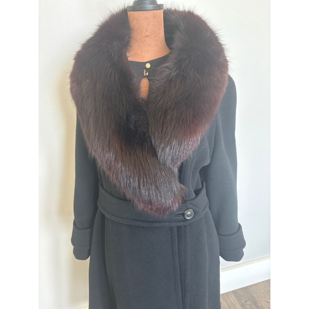 Vintage Stegari New York Black Pure Virgin Wool Coat with Fox Fur‎ Collar Belted